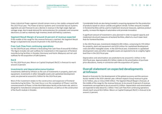 Green Industrial Power segment should remain more or less stable compared with
the 2023 fiscal year. The Power  Sensor Systems and Connected Secure Systems
segments are each forecast to see a decline in revenue in the high single-digit per-
centage range, due to weak demand for semiconductors for computers and consumer
electronics as well as relatively high inventory levels still held by customers.
Segment Result Margin of around 24 percent of revenue expected
If the middle of the range for the revenue forecast is reached, the Segment Result
Margin is expected to be around 24 percent in the 2024 fiscal year.
Free Cash Flow from continuing operations
For the 2024 fiscal year, Infineon is forecasting Free Cash Flow of around €0.4 billion.
This figure includes net cash outflows for investments in the expansion of frontend
manufacturing facilities in Dresden (Germany) and Kulim (Malaysia) and net cash
outflows for the acquisition of GaN Systems.
RoCE
For the 2024 fiscal year, Return on Capital Employed (RoCE) is forecast to reach
around 13 percent.
Investments and depreciation/amortization
Investments (defined by Infineon as the sum of investments in property, plant and
equipment, investments in other intangible assets and capitalized development
costs) are planned at around €3.3 billion for the 2024 fiscal year.
Most of the investment relates to the construction and expansion of frontend
manufacturing facilities. The main focus is on the completion of Phase 1 and the
commencement of Phase 2 of the third fabrication facility at the Kulim site, which is
designed to manufacture compound semiconductors, as well as on the construction
of the fourth module in Dresden.
Considerable funds are also being invested in acquiring equipment for the production
of products based on silicon carbide and gallium nitride. Further amounts invested
in frontend facilities will be used to implement structural measures, optimize product
quality, increase the degree of automation and promote innovation.
A significant amount of investment is also planned in order to expand capacity and
implement structural measures at backend facilities, albeit at a much lower level
than for frontend facilities.
In the 2023 fiscal year, investments totaled €2,994 million, comprising €2,739 million
for property, plant and equipment and €255 million for capitalized development
costs and other intangible assets. In the 2024 fiscal year, investments in capitalized
development costs and other intangible assets are expected to be at a slightly higher
level than in the 2023 fiscal year.
Depreciation and amortization are predicted to be around €2.1 billion in the
2024 fiscal year. Approximately €0.4 billion relates to the amortization of purchase
price allocations, mainly in connection with the acquisition of Cypress.
Overall statement on expected developments
at Infineon
Based on forecasts for the development of the global economy and the semicon­
ductor market in the 2024 calendar year, Infineon expects Group revenue to grow
to €17 billion, plus or minus €500 million. The Segment Result Margin is forecast, at
the middle of the range for the revenue forecast, to be around 24 percent of revenue.
Investments are expected to be at around €3.3 billion. Depreciation and amortization
are expected to total about €2.1 billion. Free Cash Flow from continuing operations
should reach around €0.4 billion. Return on Capital Employed (RoCE) is forecast to be
around 13 percent.
64
Infineon | Annual Report 2023
Further information
Consolidated Financial Statements
Management Board and Supervisory Board
Report on outlook, risk and opportunity
Outlook
Combined Management Report
 