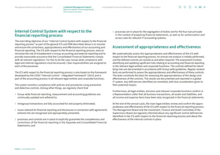 Internal Control System with respect to the
financial reporting process
The overriding objective of our “Internal Control System with respect to the financial
reporting process” as part of the general ICS and ERM described above is to monitor
and ensure the correctness, appropriateness and effectiveness of our accounting and
financial reporting. The ICS with respect to the financial reporting process, aims to
minimize the risk of misstatement in Group accounting and external reporting and to
provide reasonable assurance that the Consolidated Financial Statements comply
with all relevant regulations. For this to be the case, Group-wide compliance with
legal and internal regulations must be ensured. Clear responsibilities are assigned to
each of the processes.
The ICS with respect to the financial reporting process is also based on the framework
developed by the COSO “Internal Control – Integrated Framework” (2013) and is
part of the accounting process in all relevant legal entities and corporate functions.
The system monitors compliance with policies and procedures using preventive
and detective controls. Among other things, we regularly check that
› 
Group-wide financial reporting, measurement and accounting guidelines are
continually updated and adhered to;
› 
intragroup transactions are fully accounted for and properly eliminated;
› 
issues relevant for financial reporting and disclosures in connection with agreements
entered into are recognized and appropriately presented;
› 
processes and controls are in place to explicitly guarantee the completeness and
correctness of the financial reporting in the Separate and Consolidated Financial
Statements; and
› 
processes are in place for the segregation of duties and for the four-eye principle
in the context of preparing financial statements, as well as for authorization and
access rules for relevant IT accounting systems.
Assessment of appropriateness and effectiveness
We systematically assess the appropriateness and effectiveness of the ICS with
respect to the financial reporting process. An annual risk analysis is initially performed,
and the defined controls are revised as and when required. The assessment involves
identifying and updating significant risks relating to accounting and financial reporting
in the relevant legal entities and corporate functions. The controls defined for identi-
fying risks are documented in accordance with Group-wide guidelines. Regular random
tests are performed to assess the appropriateness and effectiveness of these controls.
The tests constitute the basis for assessing the appropriateness of the design and
effectiveness of the controls. The results are documented and reported in a global
IT system. Any deficiencies identified are remedied, with due consideration given to
their potential impact.
Furthermore, all legal entities, divisions and relevant corporate functions confirm in
a Representation Letter that all business transactions, all assets and liabilities, and
all income and expense items have been duly recognized in the financial statements.
At the end of the annual cycle, the main legal entities review and confirm the appro-
priateness and effectiveness of the ICS with respect to the financial reporting process.
The Management Board and the Investment, Finance and Audit Committee of the
Supervisory Board are regularly informed about any significant control deficiencies
identified in the ICS with respect to the financial reporting process and about the
effectiveness of the internal controls in place.
68
Infineon | Annual Report 2023
Further information
Consolidated Financial Statements
Management Board and Supervisory Board
Report on outlook, risk and opportunity
Risk and opportunity report
Combined Management Report
 