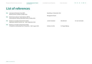 R01	International Monetary Fund (IMF):
World Economic Outlook. October 2023.
R02	World Semiconductor Trade Statistics (WSTS):
Semiconductor Industry Blue Book History. October 2023.
R03 	Based on or includes research from Omdia:
Application Market Forecast Tool – 3Q23. September 2023.
R04	Based on or includes research from Omdia:
Competitive Landscaping Tool CLT Quarterly – 2Q23. August 2023.
Neubiberg, 21 November 2023
Management Board
Jochen Hanebeck Elke Reichart Dr. Sven Schneider
Andreas Urschitz Dr. Rutger Wijburg
87
Infineon | Annual Report 2023
Further information
Consolidated Financial Statements
Management Board and Supervisory Board Combined Management Report
List of references
List of references
 