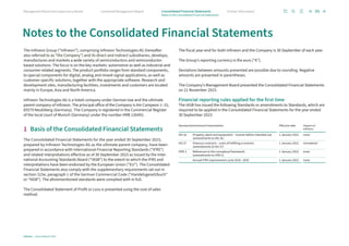 The Infineon Group (“Infineon”), comprising Infineon Technologies AG (hereafter
also referred to as “the Company”) and its direct and indirect subsidiaries, develops,
manufactures and markets a wide variety of semiconductors and semiconductor-
based solutions. The focus is on the key markets: automotive as well as industrial and
consumer-related segments. The product portfolio ranges from standard components,
to special components for digital, analog and mixed-signal applications, as well as
customer-specific solutions, together with the appropriate software. Research and
development sites, manufacturing facilities, investments and customers are located
mainly in Europe, Asia and North America.
Infineon Technologies AG is a listed company under German law and the ultimate
parent company of Infineon. The principal office of the Company is Am Campeon 1–15,
85579 Neubiberg (Germany). The Company is registered in the Commercial Register
of the local court of Munich (Germany) under the number HRB 126492.
1 Basis of the Consolidated Financial Statements
The Consolidated Financial Statements for the year ended 30 September 2023,
prepared by Infineon Technologies AG as the ultimate parent company, have been
prepared in accordance with International Financial Reporting Standards (“IFRS”)
and related interpretations effective as of 30 September 2023 as issued by the Inter-
national Accounting Standards Board (“IASB”) to the extent to which the IFRS and
interpretations have been endorsed by the European Union (“EU”). The Consolidated
Financial Statements also comply with the supplementary requirements set out in
section 315e, paragraph 1 of the German Commercial Code (“Handelsgesetzbuch”
or “HGB”). The aforementioned standards were complied with in full.
The Consolidated Statement of Profit or Loss is presented using the cost of sales
method.
The fiscal year-end for both Infineon and the Company is 30 September of each year.
The Group’s reporting currency is the euro (“€”).
Deviations between amounts presented are possible due to rounding. Negative
amounts are presented in parentheses.
The Company’s Management Board presented the Consolidated Financial Statements
on 21 November 2023.
Financial reporting rules applied for the first time
The IASB has issued the following Standards or amendments to Standards, which are
required to be applied in the Consolidated Financial Statements for the year ended
30 September 2023:
Standard/amendment/interpretation Effective date Impact on
Infineon
IAS 16 Property, plant and equipment – income before intended use
(amendments to IAS 16)
1 January 2022 none
IAS 37 Onerous contracts – costs of fulfilling a contract
(amendments to IAS 37)
1 January 2022 immaterial
IFRS 3 References to the conceptual framework
(amendments to IFRS 3)
1 January 2022 none
Annual IFRS improvement cycle 2018–2020 1 January 2022 none
Notes to the Consolidated Financial Statements
95
Infineon | Annual Report 2023
Further information
Combined Management Report
Management Board and Supervisory Board
Notes to the Consolidated Financial Statements
Consolidated Financial Statements
 