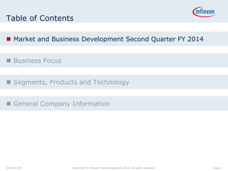 Table of Contents
 Market and Business Development Second Quarter FY 2014
 Business Focus
 Segments, Products and Technology
 General Company Information
Page 32014-04-29 Copyright © Infineon Technologies AG 2014. All rights reserved.
 