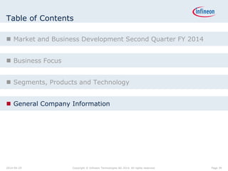 Table of Contents
 Market and Business Development Second Quarter FY 2014
 Business Focus
 Segments, Products and Technology
 General Company Information
Page 392014-04-29 Copyright © Infineon Technologies AG 2014. All rights reserved.
 