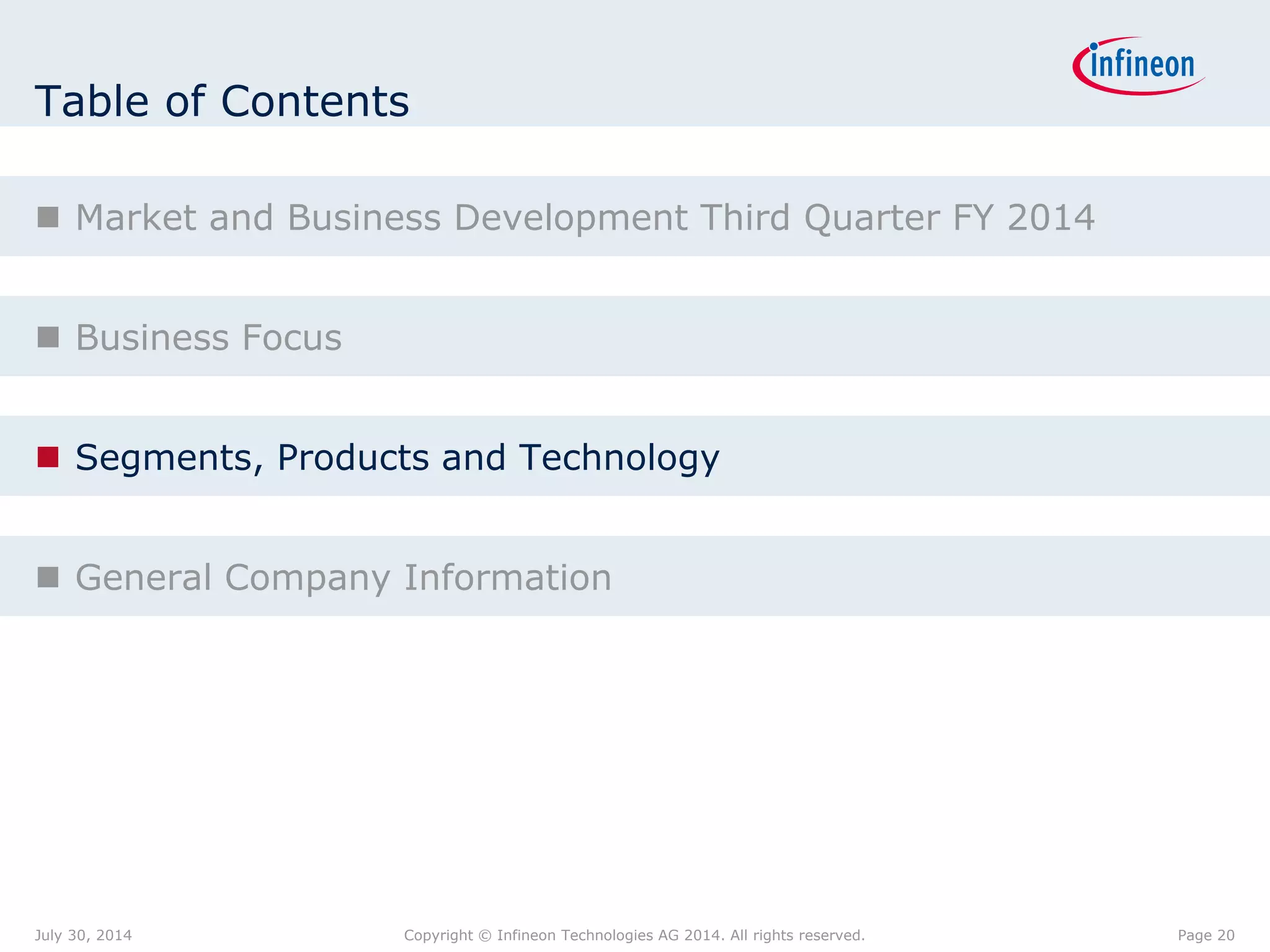 Table of Contents
 Market and Business Development Third Quarter FY 2014
 Business Focus
 Segments, Products and Technology
 General Company Information
Page 20July 30, 2014 Copyright © Infineon Technologies AG 2014. All rights reserved.
 