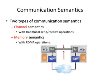 CommunicaCon SemanCcs
• Two types of communicaCon semanCcs
– Channel semanCcs
• With tradiConal send/receive operaCons.
– Memory semanCcs
• With RDMA operaCons.
 