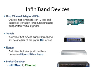 InﬁniBand Devices
Host Channel Adapter (HCA)
• Device that terminates an IB link and
executes transport-level functions and
support the verbs interface
Switch
• A device that moves packets from one
link to another of the same IB Subnet
Router
• A device that transports packets
between different IBA subnets
Bridge/Gateway
• InfiniBand to Ethernet
InfiniBand Components Overview
 