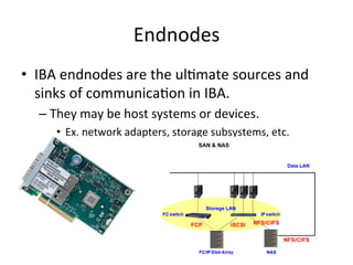 Endnodes
• IBA endnodes are the ulCmate sources and
sinks of communicaCon in IBA.
– They may be host systems or devices.
• Ex. network adapters, storage subsystems, etc.
 