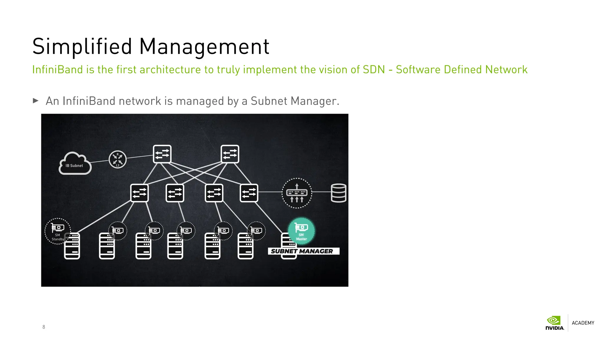 8
Simplified Management
An InfiniBand network is managed by a Subnet Manager.
InfiniBand is the first architecture to truly implement the vision of SDN - Software Defined Network
 