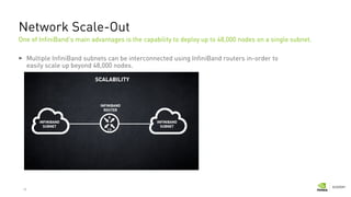 18
Network Scale-Out
Multiple InfiniBand subnets can be interconnected using InfiniBand routers in-order to
easily scale up beyond 48,000 nodes.
One of InfiniBand’s main advantages is the capability to deploy up to 48,000 nodes on a single subnet.
 