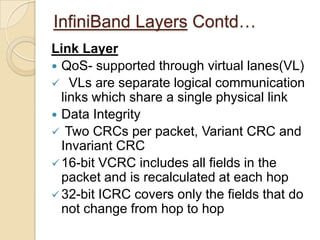 InfiniBand LayersContd…<br />Physical Layer<br />Defines both electrical and mechanical characteristics for the system<br ...