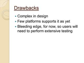 Channel AdaptersConnects InfiniBand to other devicesTwo types: Host Channel adapter(HCA) and Target Channel Adapter(TCA)HCA- Provides interface to a host device and supports all software verbs defined by InfiniBandTCA- Provides connection to an I/O device from InfiniBand with a subset of HCA features necessary for specific operations of each device