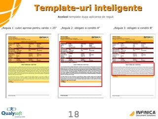 Template-uri inteligente „ Regula 1: culori aprinse pentru varste < 25“ Acelasi  template dupa aplicarea de reguli „ Regula 2: obligatii si conditii A“ „ Regula 3: obligatii si conditii B“ 