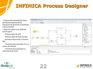 INFINICA Process Designer Infinica ofera flexibilitate totala permitand implementarea procesului de generare si distributie a documentelor Etape din cadrul unui astfel de proces pot fi: - Preluare date din SAP - Preluare date din baze de date - Generare documente in format PDF - Trimiterea documentelor intr-un sistem de arhivare - Trimiterea documentelor ca atasamente de email 