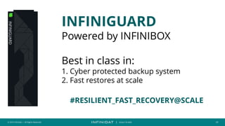 © 2019 Infinidat — All Rights Reserved 29
┃ SCALE TO WIN
INFINIGUARD
Powered by INFINIBOX
Best in class in:
1. Cyber protected backup system
2. Fast restores at scale
#RESILIENT_FAST_RECOVERY@SCALE
INFINIGUARD
 