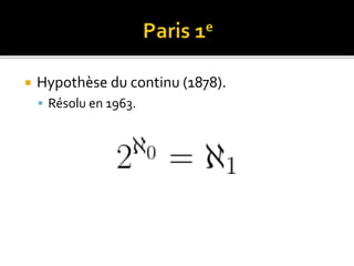  Hypothèse du continu (1878).
 Résolu en 1963.
 