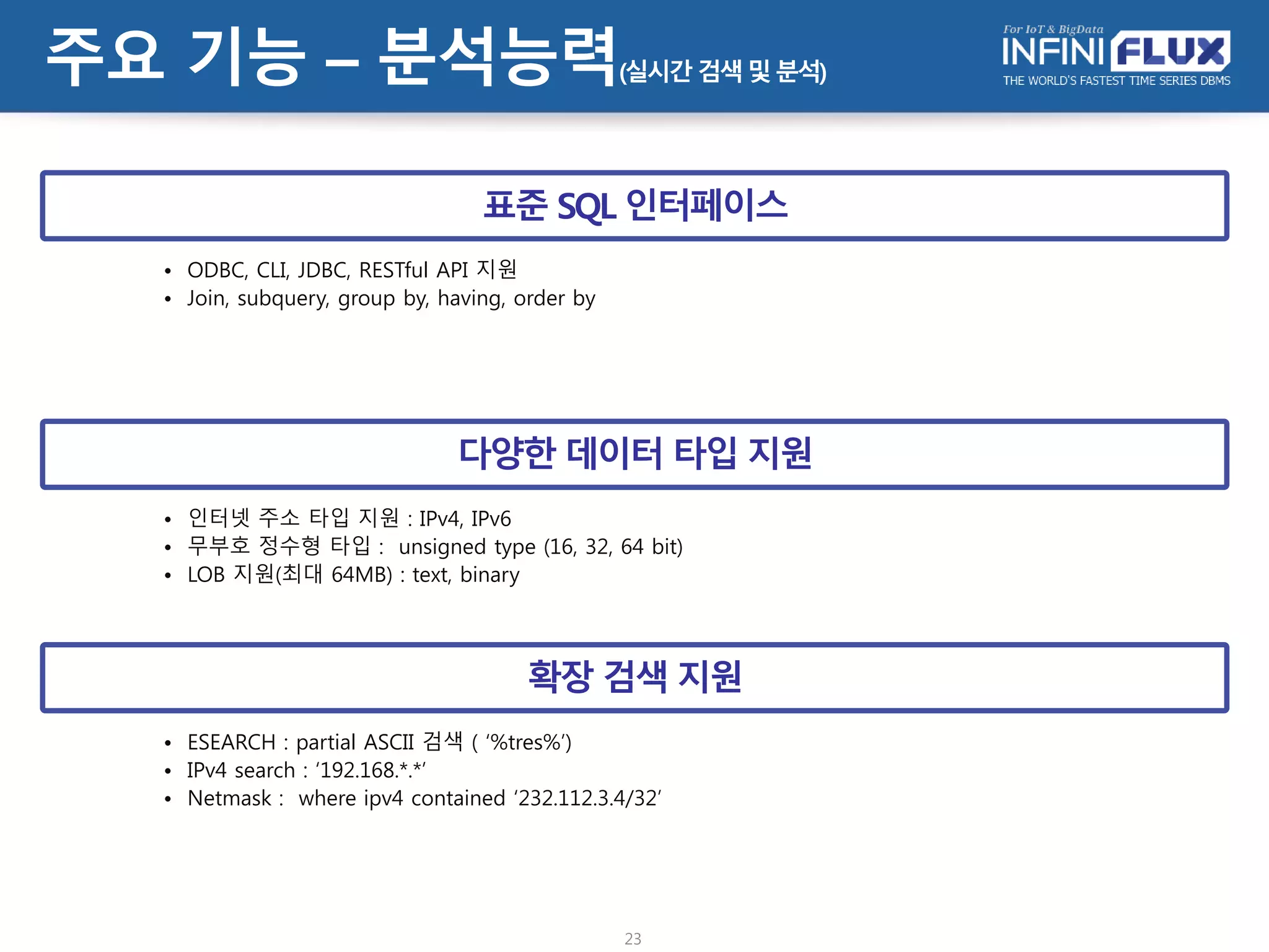 주요 기능 – 로그수집(log collector)
23
데이터의 실시간 저장
• Syslog
• Apache access
• Tomcat server
• Java, PHP, etc
• Application log
• InfiniFlux log
• Custom log
</>
</>
</>
TCP 송신 InfiniFluxAppend
Client
iflux
collector
 