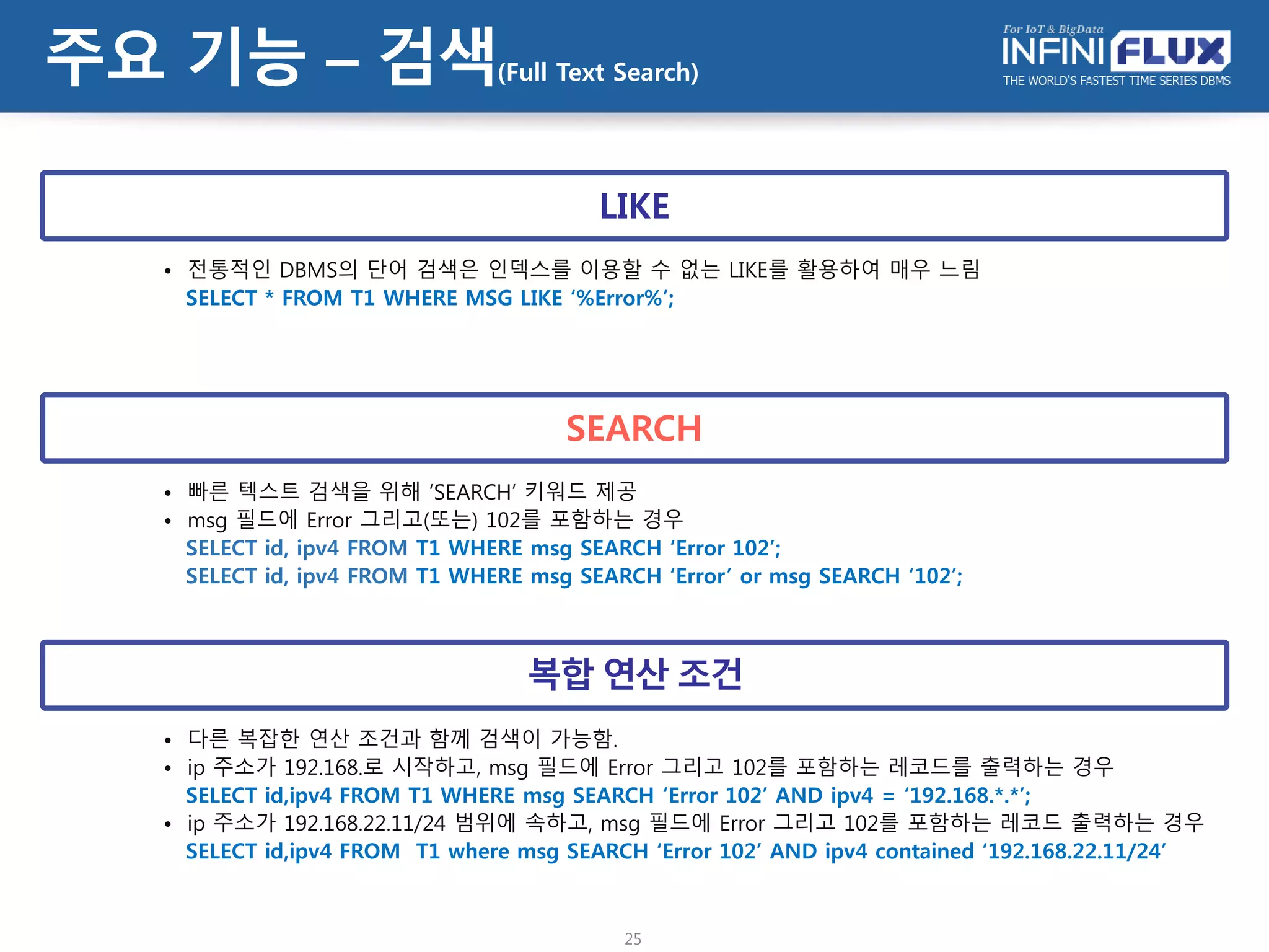 • ODBC, CLI, JDBC, RESTful API 지원
• Join, subquery, group by, having, order by
표준 SQL 인터페이스
• 인터넷 주소 타입 지원 : IPv4, IPv6
• 무부호 정수형 타입 : unsigned type (16, 32, 64 bit)
• LOB 지원(최대 64MB) : text, binary
다양한 데이터 타입 지원
• ESEARCH : partial ASCII 검색 ( ‘%tres%’)
• IPv4 search : ‘192.168.*.*’
• Netmask : where ipv4 contained ‘232.112.3.4/32’
확장 검색 지원
25
주요 기능 – 분석능력(실시간 검색 및 분석)
 