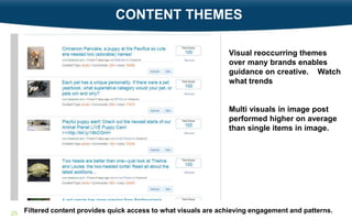 CONTENT THEMES
Visual reoccurring themes
over many brands enables
guidance on creative. Watch
what trends

Multi visuals in image post
performed higher on average
than single items in image.

25

Filtered content provides quick access to what visuals are achieving engagement and patterns.

 