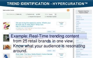 33
3
TREND IDENTIFICATION - HYPERCURATION™
Example: Real-Time trending content
from 25 retail brands in one view.
Know what your audience is resonating
around.
 