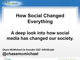 How Social Changed
              Everything

    A deep look into how social
   media has changed our society.

Chase McMichael Co-Founder CEO InfiniGraph
@chasemcmichael
 