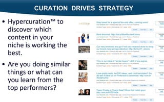 CURATION DRIVES STRATEGY

• Hypercuration™ to
  discover which
  content in your
  niche is working the
  best.
• Are you doing similar
  things or what can
  you learn from the
  top performers?
 14
 