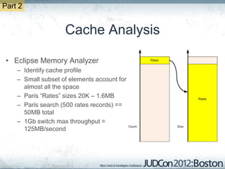 Part 2


                    Cache Analysis

 • Eclipse Memory Analyzer
    – Identify cache profile
    – Small subset of elements account for
      almost all the space
    – Paris “Rates” sizes 20K – 1.6MB
    – Paris search (500 rates records) ==
      50MB total
    – 1Gb switch max throughput =
      125MB/second
 