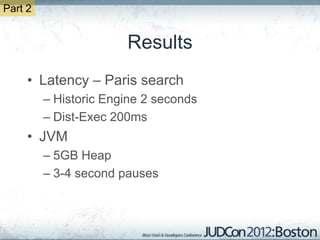 Part 2


                       Results
     • Latency – Paris search
         – Historic Engine 2 seconds
         – Dist-Exec 200ms
     • JVM
         – 5GB Heap
         – 3-4 second pauses
 