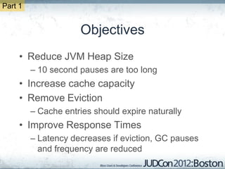 Part 1


                     Objectives
     • Reduce JVM Heap Size
         – 10 second pauses are too long
     • Increase cache capacity
     • Remove Eviction
         – Cache entries should expire naturally
     • Improve Response Times
         – Latency decreases if eviction, GC pauses
           and frequency are reduced
 