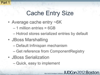 Part 1


                 Cache Entry Size
    • Average cache entry ~6K
         – 1 million entries = 6GB
         – Hotrod stores serialized entries by default
    • JBoss Marshalling
         – Default Infinispan mechanism
         – Get reference from ComponentRegistry
    • JBoss Serialization
         – Quick, easy to implement
 