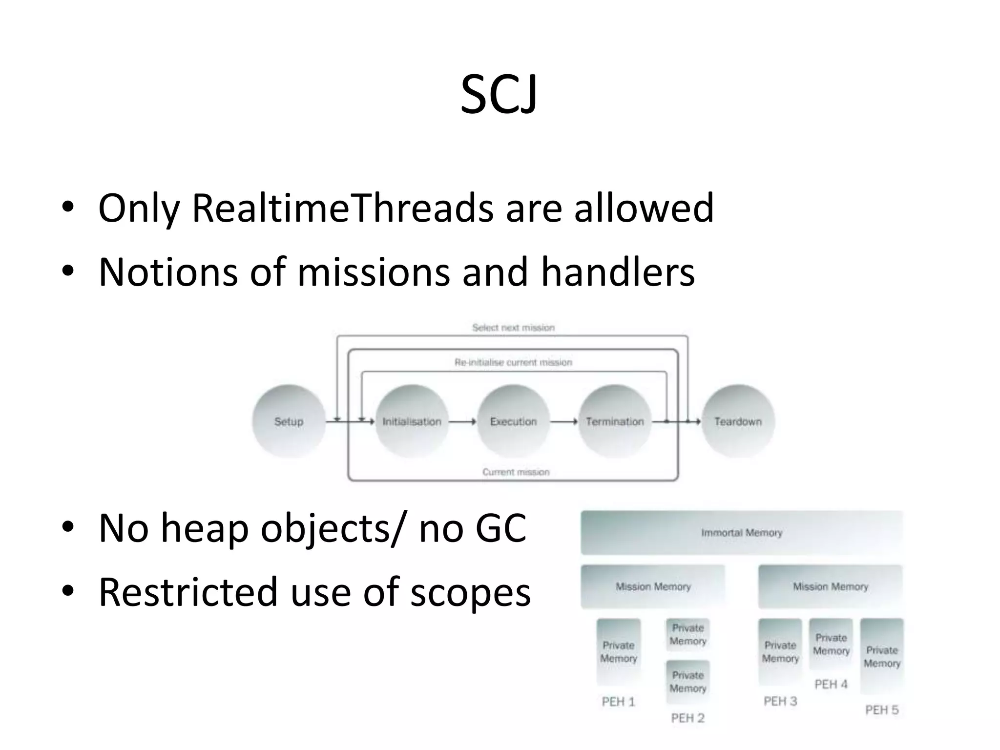 SCJ
• Only RealtimeThreads are allowed
• Notions of missions and handlers
• No heap objects/ no GC
• Restricted use of scopes
 
