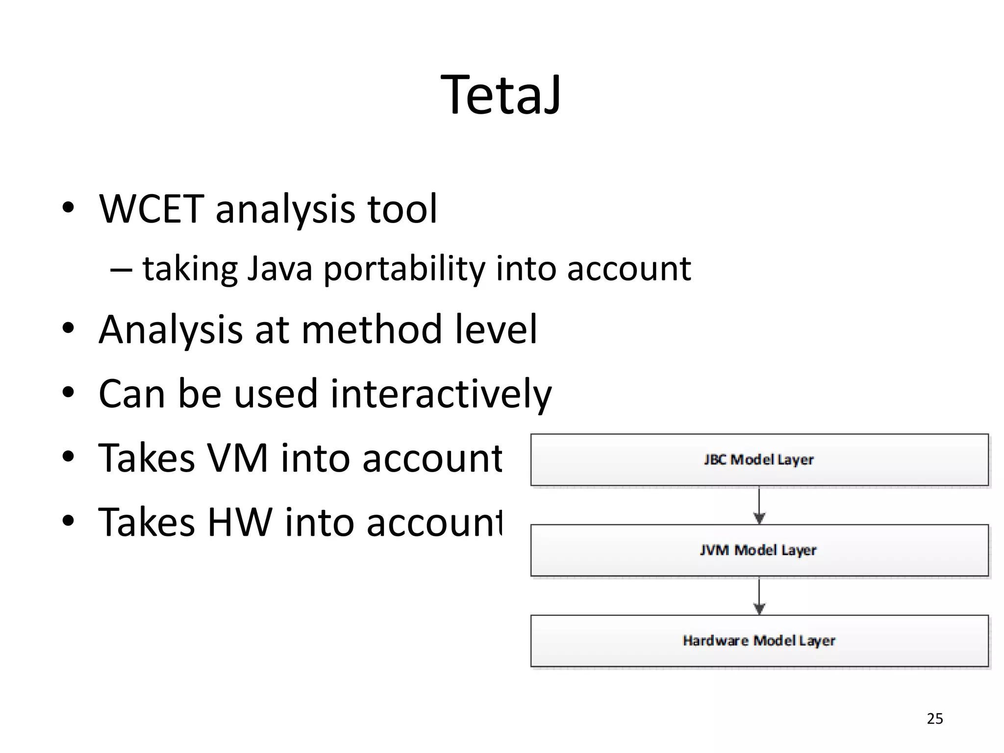 TetaJ
• WCET analysis tool
– taking Java portability into account
• Analysis at method level
• Can be used interactively
• Takes VM into account
• Takes HW into account
25
 
