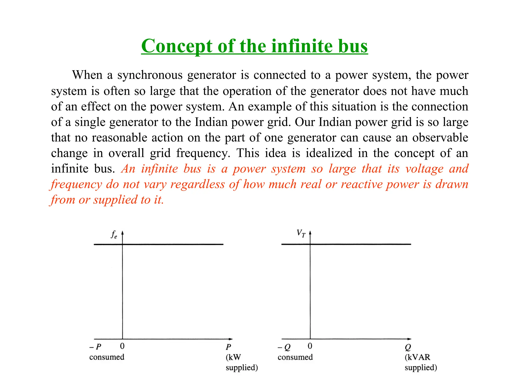 Concept of the infinite bus
When a synchronous generator is connected to a power system, the power
system is often so large that the operation of the generator does not have much
of an effect on the power system. An example of this situation is the connection
of a single generator to the Indian power grid. Our Indian power grid is so large
that no reasonable action on the part of one generator can cause an observable
change in overall grid frequency. This idea is idealized in the concept of an
infinite bus. An infinite bus is a power system so large that its voltage and
frequency do not vary regardless of how much real or reactive power is drawn
from or supplied to it.
 