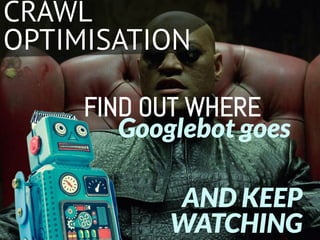 CRAWL
OPTIMISATION
Googlebot goes
AND KEEP
WATCHING
FIND OUT WHERE
 