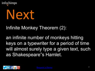 Next
Infinite Monkey Theorem (2):

an infinite number of monkeys hitting
keys on a typewriter for a period of time
will almost surely type a given text, such
as Shakespeare”s Hamlet.

               Request a Demo            7
 