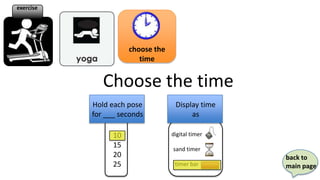 exercise




                      choose the
                         time


              Choose the time
           Hold each pose           Display time
           for ___ seconds               as

                 10                digital timer
                 15                sand timer
                 20                                back to
                 25                 timer bar      main page
 