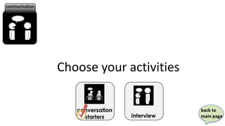 communication




                Choose your activities

                   conversation               back to
                     starters     interview   main page
 