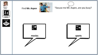 Demar’s
 Lesson        Find Mr. Aspen   “Excuse me Mr. Aspen, are you busy?


conversation
  starters

  break




                       movies                      sports
 