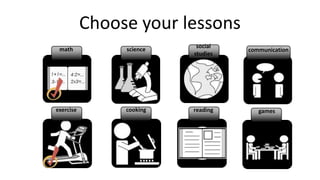 Choose your lessons
                           social
 math           science             communication
                          studies




exercise        cooking   reading      games
 