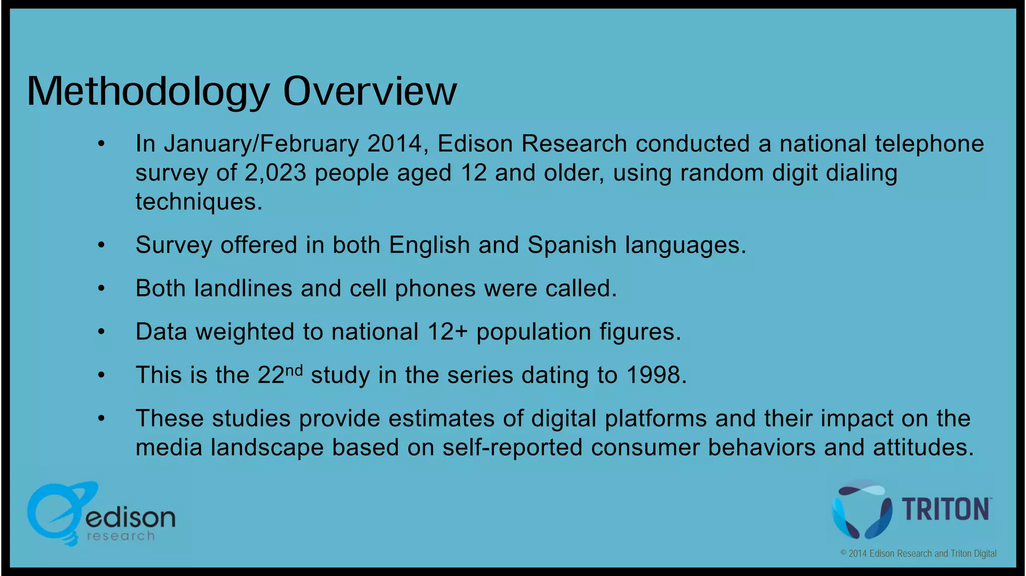 Methodology Overview
•

In January/February 2014, Edison Research conducted a national telephone
survey of 2,023 people aged 12 and older, using random digit dialing
techniques.

•

Survey offered in both English and Spanish languages.

•

Both landlines and cell phones were called.

•

Data weighted to national 12+ population figures.

•

This is the 22nd study in the series dating to 1998.

•

These studies provide estimates of digital platforms and their impact on the
media landscape based on self-reported consumer behaviors and attitudes.

© 2014 Edison Research and Triton Digital

 
