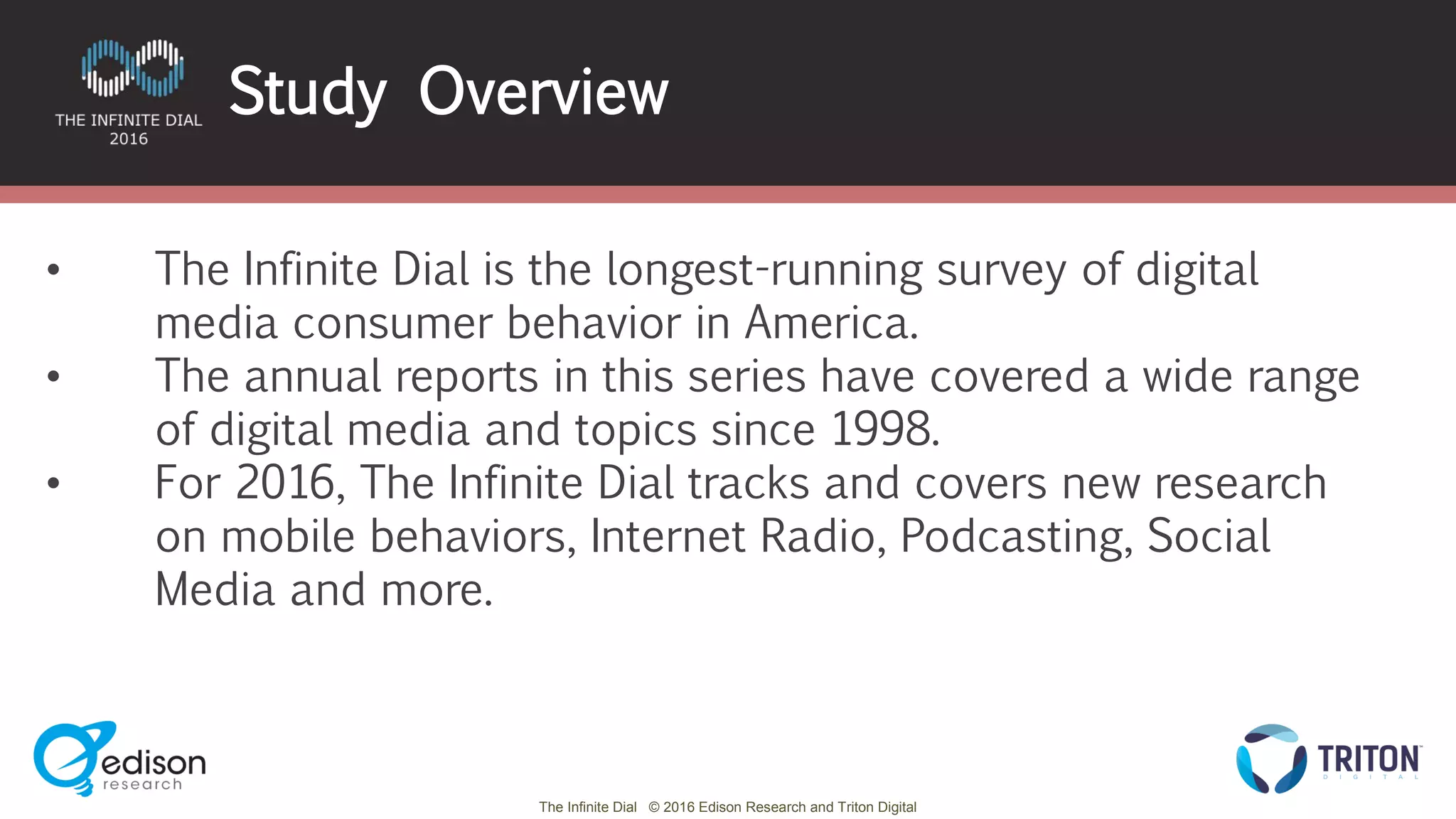 The Infinite Dial © 2016 Edison Research and Triton Digital
Study Overview
• The Infinite Dial is the longest-running survey of digital
media consumer behavior in America.
• The annual reports in this series have covered a wide range
of digital media and topics since 1998.
• For 2016, The Infinite Dial tracks and covers new research
on mobile behaviors, Internet Radio, Podcasting, Social
Media and more.
 