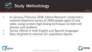 The Infinite Dial © 2018 Edison Research and Triton Digital
THE INFINITE DIAL
2018
#InfiniteDial
Study Methodology
• In January/February 2018, Edison Research conducted a
national telephone survey of 2000 people aged 12 and
older, using random digit dialing techniques to both cell
phones and landlines
• Survey offered in both English and Spanish languages
• Data weighted to national 12+ population figures
 