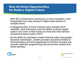 New At-Home Opportunities
for Radio's Digital Future

» With 45% of Americans owning two or more computers, more
  households have easy access to digital audio streams in
  multiple rooms
» A staggering 62% of home Internet users maintain Wi-Fi
  networks; most Americans have the ability to stream digital
  audio in any room in their homes as more and more devices
  and phones feature built-in Wi-Fi
» As the ability for seamless in-home Internet audio consumption
  becomes mainstream, content providers should be mindful of
  the tremendous at-home opportunity for all forms of audio and
  consider alternate programming built around the context of at-
  home activities



                              Page 82               © 2010 Arbitron Inc./Edison Research
 