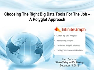 Choosing The Right Big Data Tools For The Job –
             A Polyglot Approach


                           
                                Current Big Data Analytics

                           
                                Relationship Analytics

                           
                                The NoSQL Polyglot Approach

                           
                                The Big Data Connection Platform



                                       Leon Guzenda
                               Silicon Valley NoSQL Meetup
                                     December 11, 2012
 