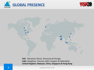 USA - Maryland, Illinois, Tennessee & Chicago
    India- Bangalore, Chennai, Delhi, Gurgaon & Hyderabad;
    United Kingdom, Malaysia, China, Singapore & Hong Kong

7                     Copyright Infinite; 2013      Infinite Computer Solutions (India) Limited
 