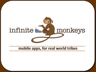 Infinite Monkeys
Presented by:   Jay Shapiro
                CEO – Co-Founder

                tel:(650)787-3984
                jay@infinitemonkeys.mobi
                www.monk.ee
 