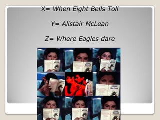 X= When Eight Bells Toll

   Y= Alistair McLean

 Z= Where Eagles dare
 