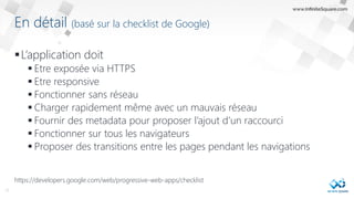 En détail (basé sur la checklist de Google)
L’application doit
 Etre exposée via HTTPS
 Etre responsive
 Fonctionner sans réseau
 Charger rapidement même avec un mauvais réseau
 Fournir des metadata pour proposer l’ajout d’un raccourci
 Fonctionner sur tous les navigateurs
 Proposer des transitions entre les pages pendant les navigations
17
https://developers.google.com/web/progressive-web-apps/checklist
 