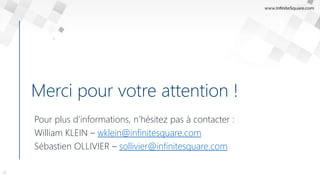 Merci pour votre attention !
Pour plus d’informations, n’hésitez pas à contacter :
William KLEIN – wklein@infinitesquare.com
Sébastien OLLIVIER – sollivier@infinitesquare.com
26
 