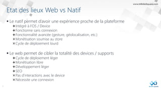 Etat des lieux Web vs Natif
 Le natif permet d’avoir une expérience proche de la plateforme
Intégré à l’OS / Device
Fonctionne sans connexion
Fonctionnalité avancée (gesture, géolocalisation, etc.)
Monétisation soumise au store
Cycle de déploiement lourd
 Le web permet de cibler la totalité des devices / supports
Cycle de déploiement léger
Monétisation libre
Développement léger
SEO
Pas d’interactions avec le device
Nécessite une connexion
3
 