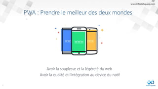 PWA : Prendre le meilleur des deux mondes
4
Avoir la souplesse et la légèreté du web
Avoir la qualité et l’intégration au device du natif
 