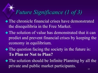 Future Significance (1 of 3)
The chronicle financial crises have demonstrated
the disequilibria in the Free Market.
The solution of value has demonstrated that it can
predict and prevent financial crises by keeping the
economy in equilibrium.
The question facing the society in the future is:
To Plan or Not to Plan?
The solution should be Infinite Planning by all the
private and public market participants.
15
 